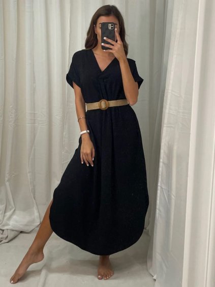 Šaty letní s páskem krátký rukáv dámské (S/M/L ONE SIZE) ITALSKÁ MÓDA IMWA222563/DR (Velikost M/L, Barva hnědá camel)