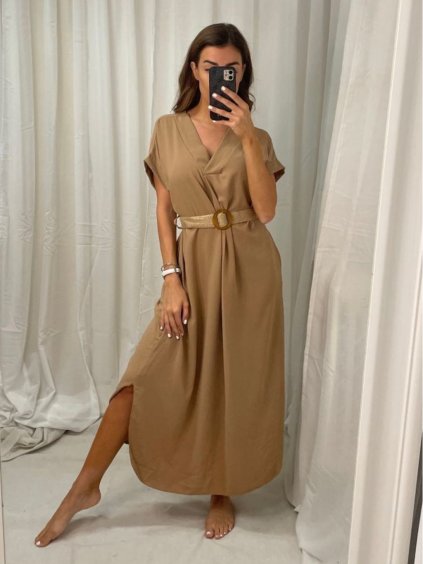 Šaty letní s páskem krátký rukáv dámské (S/M/L ONE SIZE) ITALSKÁ MÓDA IMWA222563/DR (Velikost M/L, Barva hnědá camel)