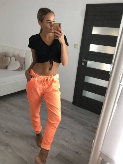 Kalhoty strečové dlouhé dámské (S/M/L ONE SIZE) ITALSKá MóDA IMB22080 (Velikost M/L, Barva oranžová neon)