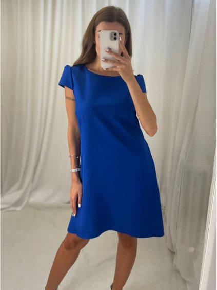 Šaty elegantní krátký rukávek letní dámské (36-38-40-42-44) Polská MÓDA PMLK21LEILA-BLAU/DR