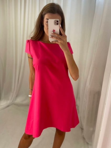 Šaty elegantní krátký rukávek letní dámské (36-38-40-42-44) Polská MÓDA PMLK21LEILA-ROSE/DR (Velikost 36, Barva růžová)