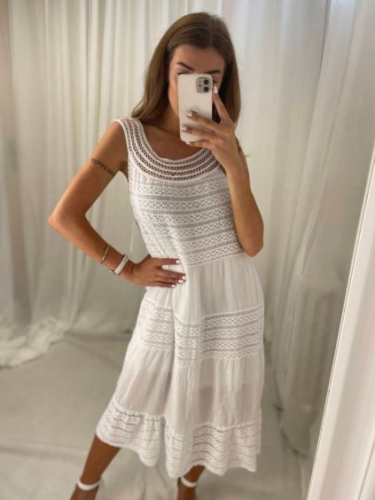 Šaty letní na ramínka s krajkou dámské (S/M ONE SIZE) ITALSKÁ MÓDA IMPLI2290752/DR (Velikost S/M/L, Barva bílá)