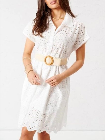 Šaty letní krajkové košilové krátký rukáv dámské (S/M ONE SIZE) ITALSKÁ MÓDA IMM22SY12166/DR (Velikost S/M/L, Barva bílá)