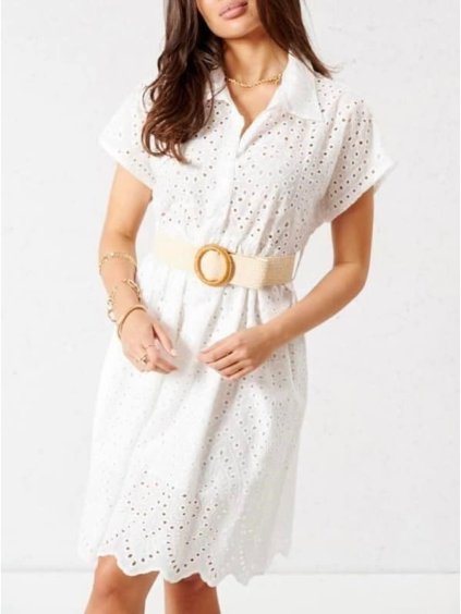 Šaty letní krajkové košilové krátký rukáv dámské (S/M ONE SIZE) ITALSKÁ MÓDA IMM22SY12166/DR (Velikost S/M/L, Barva bílá)
