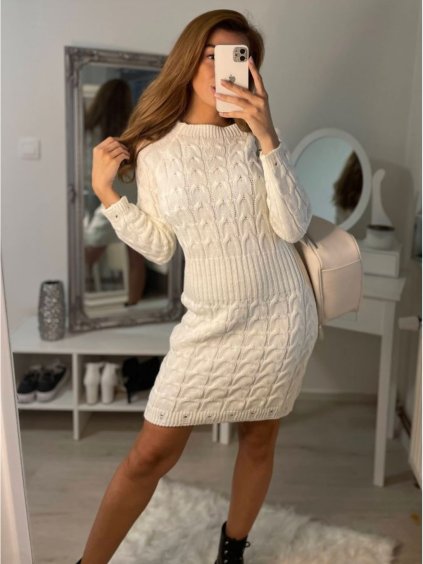 Šaty pletené dlouhý rukáv dámské (S/M ONE SIZE) ITALSKÁ MÓDA IMWB22233/DR (Velikost S/M/L, Barva béžová)