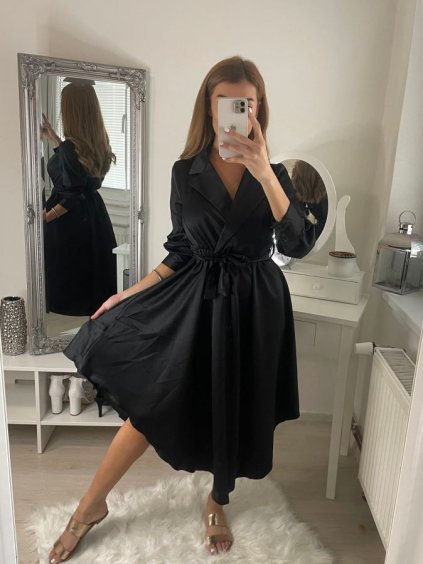 Šaty košilové saténové  dlouhý rukáv dámské (S/M ONE SIZE) ITALSKá MóDA IM322329/DR (Velikost S/M/L, Barva Černá)