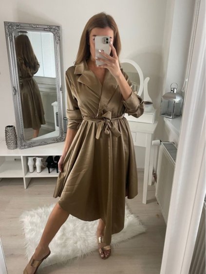 Šaty košilové saténové  dlouhý rukáv dámské (S/M ONE SIZE) ITALSKá MóDA IM322329/DR (Velikost S/M/L, Barva Černá)