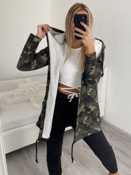 Cardigan s kapucňou dámsky maskáč  (M/L/XL) ITALSKÁ  MÓDA IM522MAKSA/DR (Velikost S/M/L, Barva maskáčová)