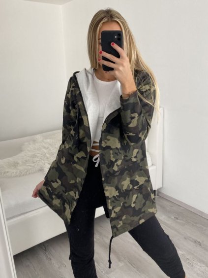 Cardigan s kapucňou dámsky maskáč  (L/XL/2XL) ITALSKÁ  MÓDA IM522MAKSABIG/DR (Velikost XL/2XL, Barva maskáčová)