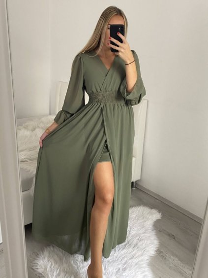 Šaty dlouhé šifonové dlouhý rukáv dámské (S/M ONE SIZE) ITALSKÁ MÓDA IMWGS223251/DR (Velikost S/M/L, Barva béžová)