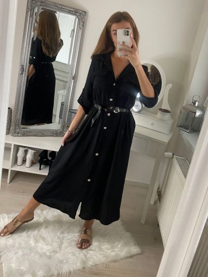 Šaty košilové s páskem dlouhý rukáv dámské (S/M ONE SIZE) ITALSKÁ MÓDA IMPBB22E9511/DUR (Velikost S/M/L, Barva Černá)