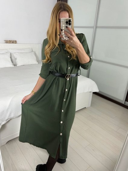 Šaty košilové s páskem dlouhý rukáv dámské (S/M ONE SIZE) ITALSKÁ MÓDA IMPBB22E9511/DR