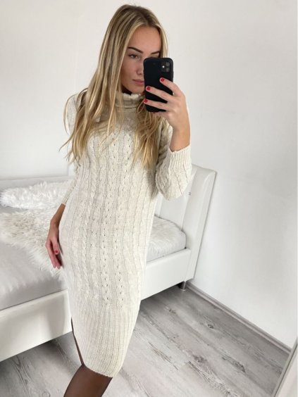 Šaty pletené s rolákem dlouhý rukáv dámské (S/M ONE SIZE) ITALSKÁ MÓDA IMM22MY21198/DR (Velikost S/M/L, Barva béžová)