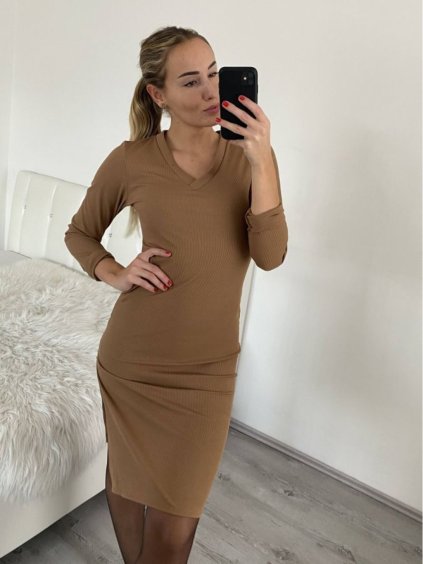 Šaty elegantní dlouhý rukáv dámské (S/M ONE SIZE) ITALSKÁ MÓDA IMWB22320/DR (Velikost S/M/L, Barva béžová)