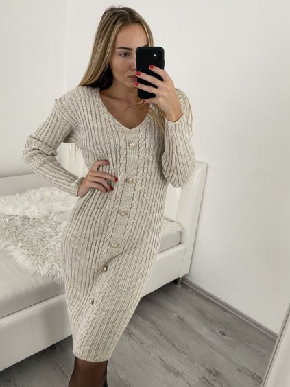 Šaty pletené dlouhý rukáv dámské (S/M ONE SIZE) ITALSKÁ MÓDA IMWA223595/DR (Velikost S/M/L, Barva béžová)