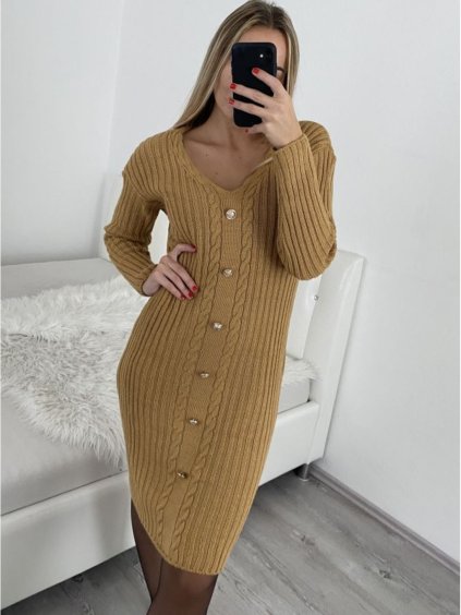 Šaty pletené dlouhý rukáv dámské (S/M ONE SIZE) ITALSKÁ MÓDA IMWA223595/DR (Velikost S/M/L, Barva béžová)