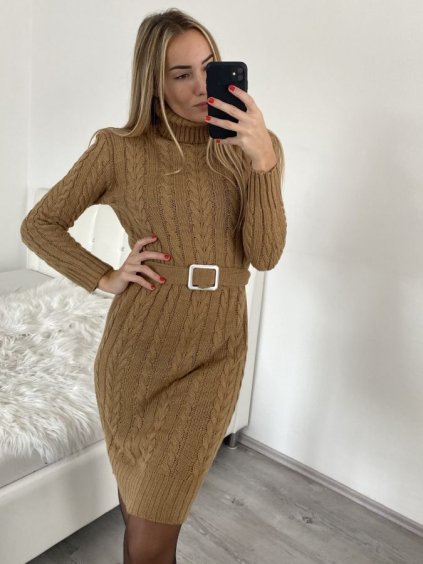 Šaty pletené s rolákem dlouhý rukáv dámské (S/M ONE SIZE) ITALSKÁ MÓDA IMWAA223600/DR (Velikost S/M/L, Barva béžová)