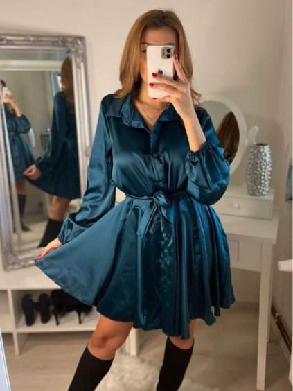 Šaty krátké košilové saténové dlouhý rukáv dámské (S/M ONE SIZE) ITALSKÁ MÓDA IMM22LS25366/DR (Velikost S/M/L, Barva Černá)