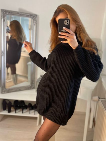 Šaty pletené svetr prodloužený s rolákem dámské (S/M ONE SIZE) ITALSKÁ MÓDA IMD211186 (Velikost S/M/L, Barva Černá)