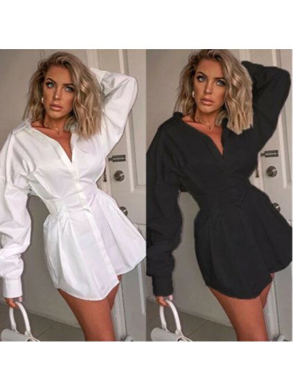 Košilové šaty s dlouhým rukávem dámske (S-M-L) AFASHION AF21SIERENA/DR (Velikost S, Barva bílá)