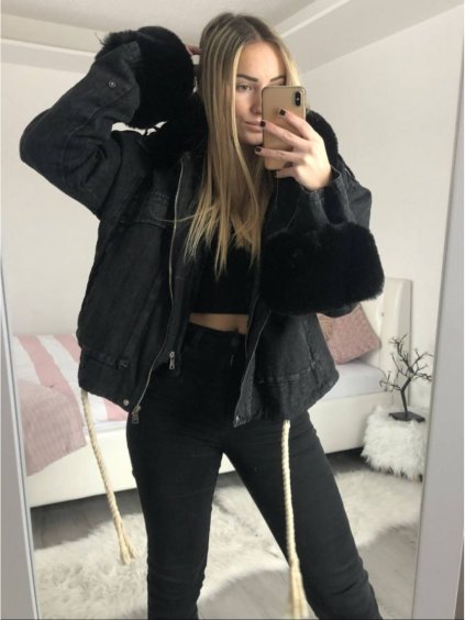 Bunda riflová s odepínacím  kožískem (S, M, L uni) ITALSKÁ MÓDA IMK21008 (Velikost S, Barva Černá)