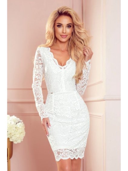 170-11 Krajkové šaty s dlouhým rukávem a výstřihem - ECRU (Velikost S, Barva _barva viz foto)