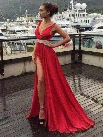 Šaty dlouhé společenské plesové na ramínka dámské (S/M ONE SIZE) ITALSKÁ MÓDA IMM22Ls25402/DR (Velikost S/M/L, Barva červená)