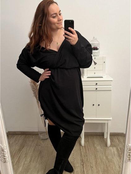 Šaty dlouhý rukáv dámské nadrozměr (XL/2XL/3XL/4XL ONE SIZE) ITALSKÁ MÓDA IMWQ22SARA-3/DR (Velikost XL/2XL, Barva Černá)