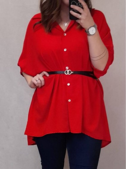 Tunika košilová prodloužená s páskem dlouhý rukáv dámské (XL/2XL/3XL ONE SIZE) ITALSKá MóDA IM322SILVIA/DR (Velikost 2XL/3XL, Barva červená)