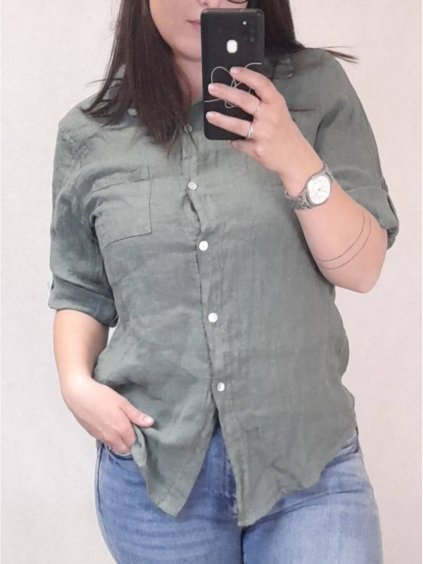 Košile lněná dlouhý rukáv dámská nadrozměr (M/L ONE SIZE) ITALSKá MóDA IM722037/DR (Velikost M/L, Barva zelená khaki)