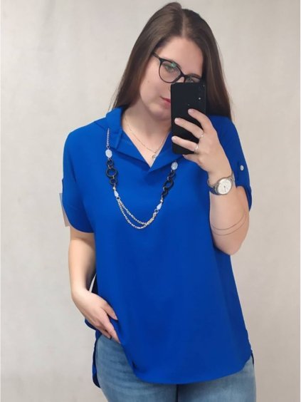 Tunika košilová s přívěskem dlouhý rukáv dámské (L/XL ONE SIZE) ITALSKá MóDA IM322019/DR (Velikost S/M/L, Barva modrá královská)