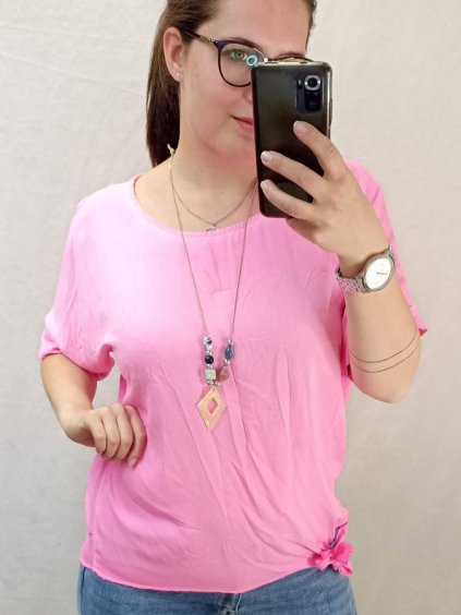 Tunika krátký rukáv s přívěskem dámská nadrozměr (2xl/3XL/4XL ONE SIZE) ITALSKÁ MÓDA IM422386/DR (Velikost 2XL/3XL, Barva růžová)