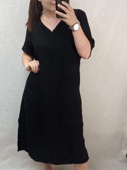 Šaty letní krátký rukáv lněné dámské nadrozměr (L/XL/2XL ONE SIZE) ITALSKÁ MÓDA IMC22444/DR (Velikost XL/2XL, Barva Černá)