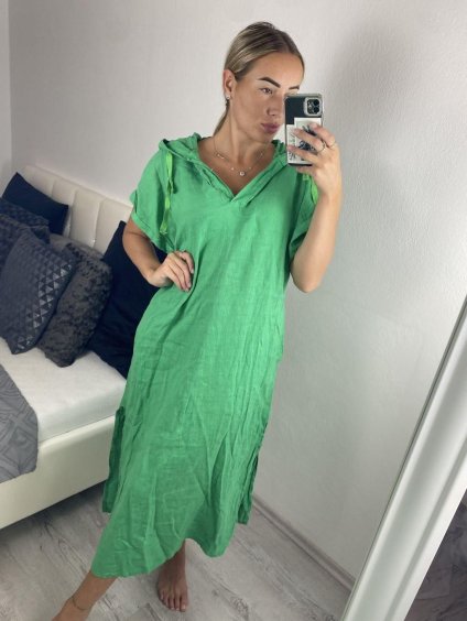 Šaty oversize s kapucí lněné krátký rukáv dámská nadrozměr (L/XL/2XL ONE SIZE) ITALSKá MóDA IM522181 (Velikost XL/2XL, Barva žlutá)