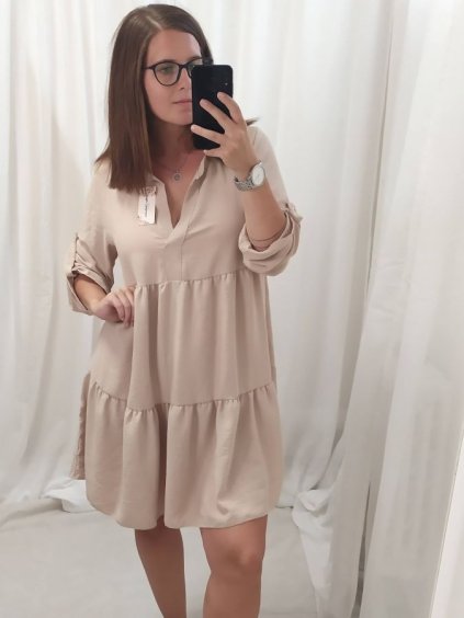 Šaty oversize volnočasové 3/4 rukáv dámské nadrozměr (XL/2XL ONE SIZE) ITALSKÁ MÓDA IMD22440/DR (Velikost XL/2XL, Barva béžová)
