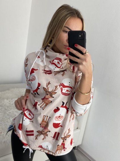 tunika dlouhý rukáv  s kapucí dámské (uni M/L) ITALSKá MóDA IMB22CHRISTMAS/DR (Velikost M/L, Barva béžová)
