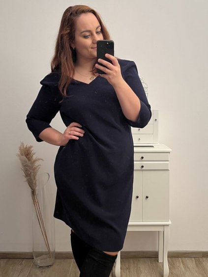 Šaty elegantní krátký rukáv letní dámské (44-46-48-50-52) Polská MÓDA PMLP22DARA4/DU (Velikost 44, Barva tmavě modrá)