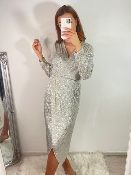 Šaty elegantní třpytivé flitrové dlouhý rukáv dámské (S/M ONE SIZE) ITALSKÁ MÓDA IMWGS223661/UL (Velikost S/M/L, Barva béžová)