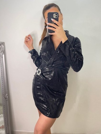 Šaty elegantní třpytivé dlouhý rukáv dámské (S/M ONE SIZE) ITALSKá MóDA IMM22EL5236/DU (Velikost S/M/L, Barva Černá)