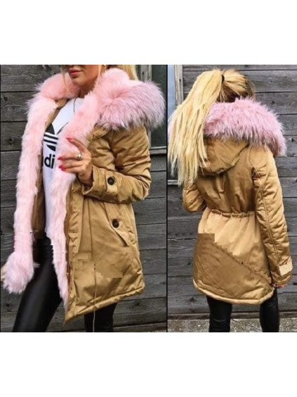 Kabát zimní parka s kožíškem dámská  (s-m-l) K-ZELL ITALSKá MODA 8035K-B/DR (Velikost S, Barva tmavě béžová)