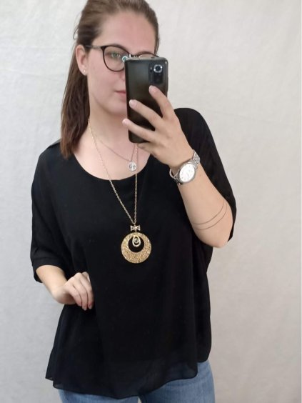 Tunika/halenka krátký rukáv s přívěškem šifon dámské (L/XL/2XL ONE SIZE) ITALSKÁ MÓDA IM422500/DR (Velikost S/M/L, Barva Černá)