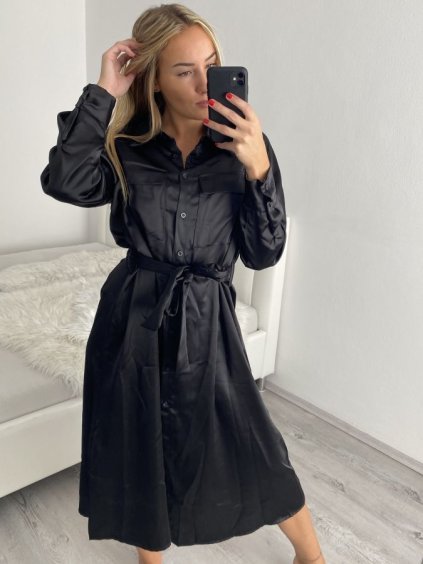 Šaty košilové dlouhý rukáv dámské (S/M ONE SIZE) ITALSKÁ MÓDA IMPBR22H2671-R3/DR (Velikost S/M/L, Barva Černá)