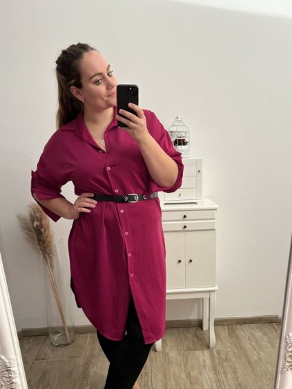 Košile prodloužená/šaty košilové s páskem dlouhý rukáv dámské nadrozměr (XL/2XL ONE SIZE) ITALSKÁ MÓDA IMPBB222713DS/DR (Velikost XL/2XL, Barva béžová)