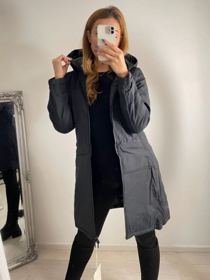 Kabát oboustranný s kapucí dlouhý rukáv dámské (S-2XL) ITALSKÁ MÓDA IMPSS22D2-3873/DR (Velikost S, Barva Černá)