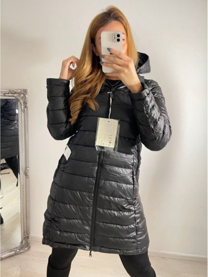 Kabát oboustranný s kapucí dlouhý rukáv dámské (S-2XL) ITALSKÁ MÓDA IMPSS22D2-3873/DR (Velikost S, Barva Černá)