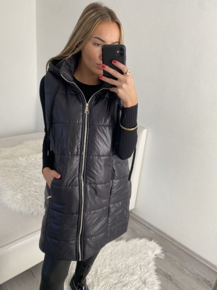 Vesta s kapucí bez rukávu dámská (S/M ONE SIZE) ITALSKÁ MÓDA IMPLI2220587/DR (Velikost S/M/L, Barva Černá)