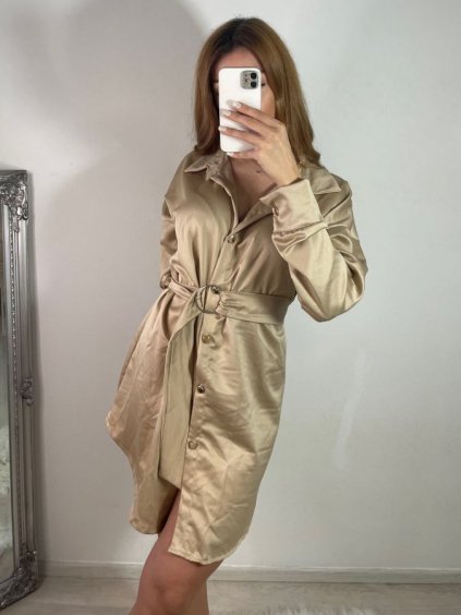 Šaty saténové košilové s páskem dlouhý rukáv dámské (S/M ONE SIZE) ITALSKÁ MÓDA IMWD223001/DR (Velikost S/M/L, Barva béžová)