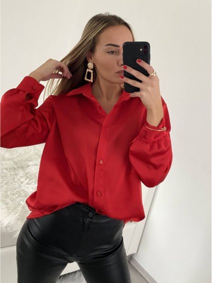 Košile saténová dlouhý rukáv dámské (S/M/L ONE SIZE) ITALSKá MóDA IM322560/DR (Velikost M/L, Barva červená)