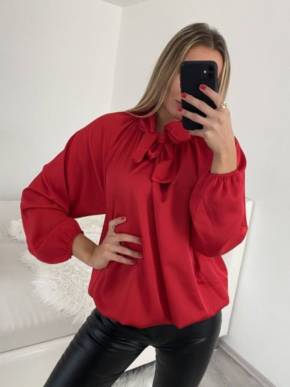 Halenka saténová dlouhý rukáv dámská (S/M/L ONE SIZE) ITALSKá MóDA IM322561/DR (Velikost M/L, Barva červená)