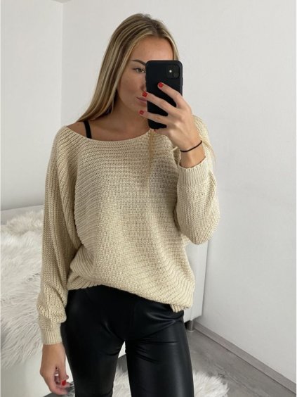 Svetr pletený dlouhý netopýří rukáv dámský (UNI S-L) TURECKÁ MÓDA TM922STAR/DR (Velikost M/L, Barva béžová)